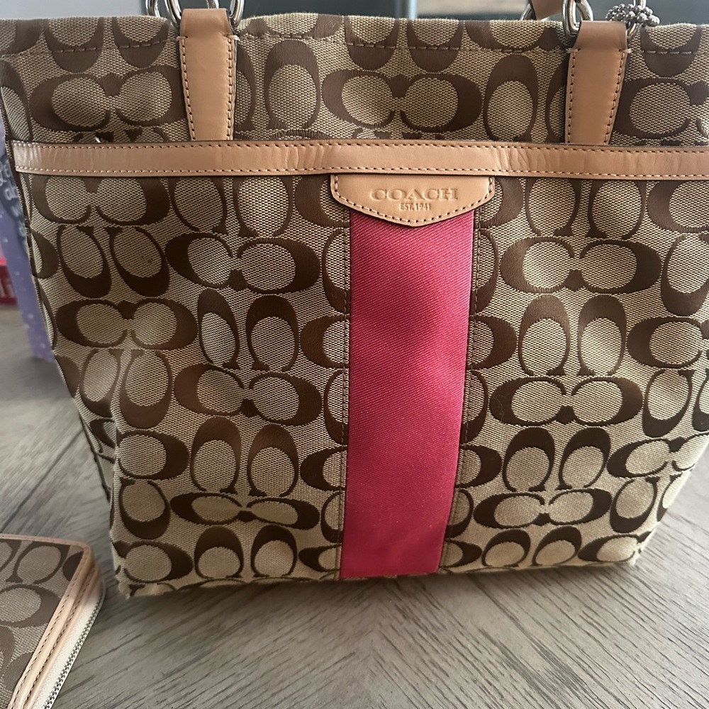 Coach Tan and Pink Signature Bag and Wallet Set - Picture 2 of 5
